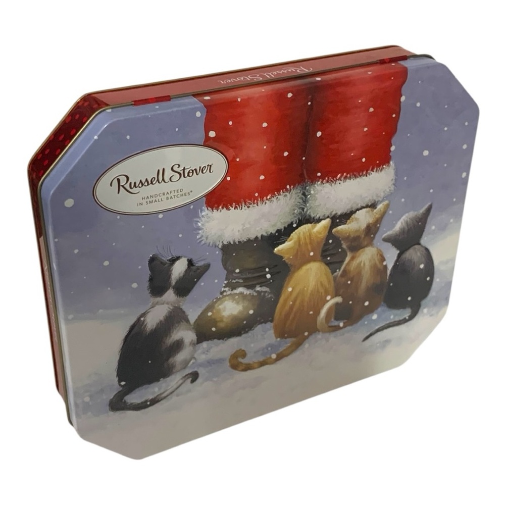 Russell Stover Holiday Tin Santa’s Boots + Kittens Art Claire Comerford Hinged